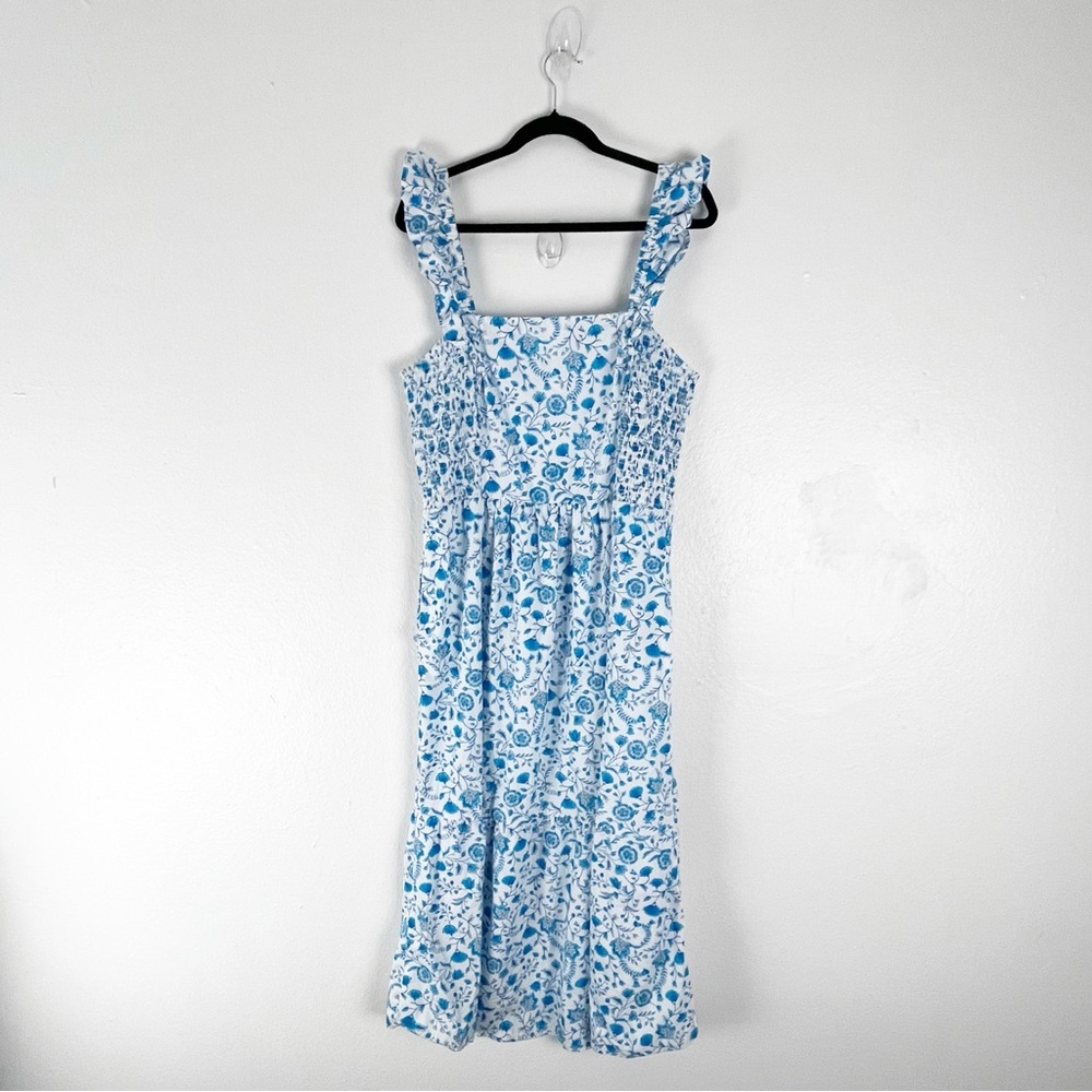 DRAPER JAMES 100% Cotton Floral Smocked Side Panel Pockets Lined Dress XL Picnic
